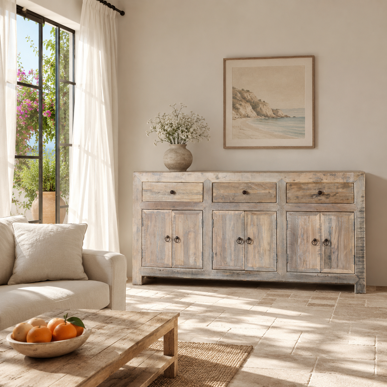 Lifestyle image of a sustainable sideboard made of reclaimed wood with four cupboards and three drawers, rustic finish, 180 × 40 × 90 cm.