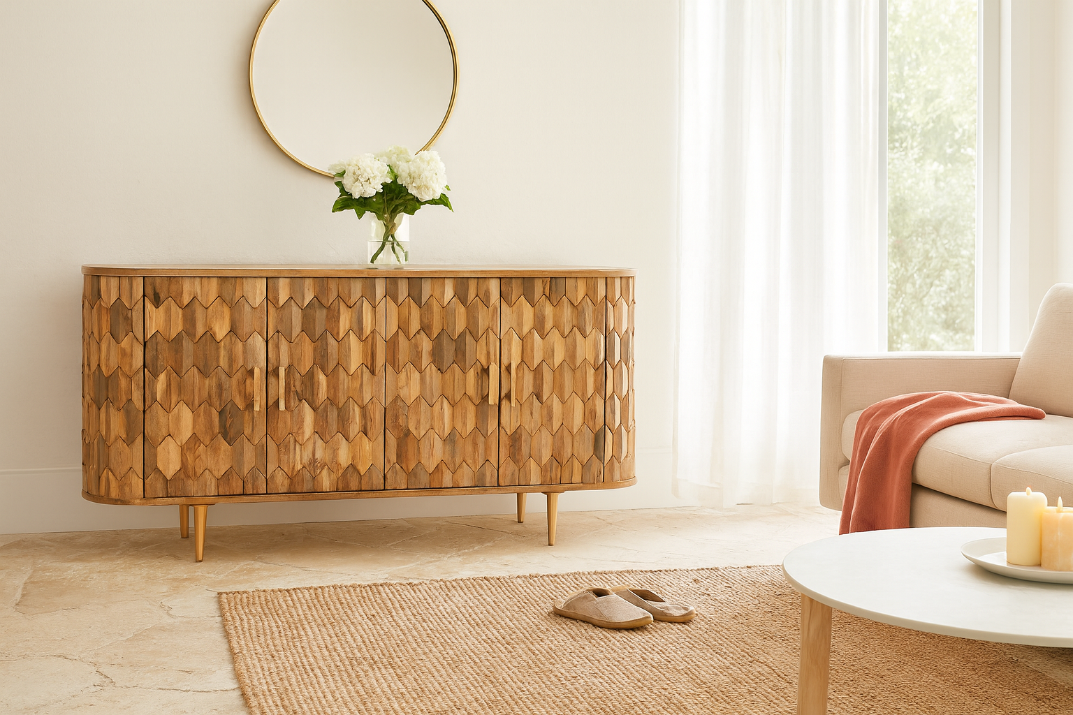 Lifestyle image of a handcrafted mango wood sideboard with hexagonal inlay design and brass-finished legs—artisanal bedroom furniture combining craftsmanship and modern elegance.