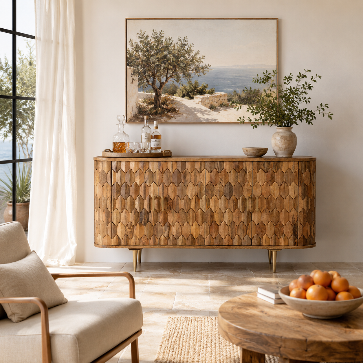 Lifestyle image of a handcrafted mango wood sideboard with hexagonal inlay design and brass-finished legs—artisanal bedroom furniture combining craftsmanship and modern elegance.