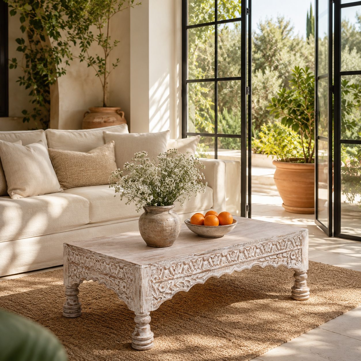 Lifestyle image of a Dhola handcrafted solid mango wood coffee table with intricately hand-carved floral patterns, natural wood grain, and artisan craftsmanship, 120cm.
