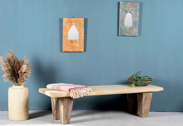 Side angle image of rustic teak bench made from reclaimed antique wood, restored natural finish; sustainable furniture, 160 × 52 × 40 cm.