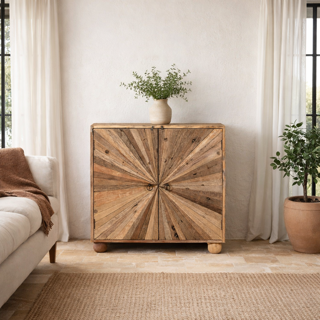 Lifestyle image of a driftwood furniture cupboard with sunburst design and reclaimed wood construction, 90 × 40 × 90 cm.