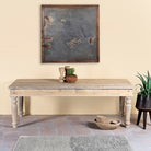 Sandblasted reclaimed wood dining table with carved legs, sustainable dining room furniture, 220×100×75 cm.