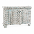 Wite background image of a antique Indian chest in blue with brass fittings – solid teak iron fitted wooden chest ideal for storing blankets, pillows, or decorative use.