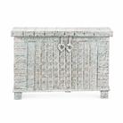 White background image of a antique Indian chest in blue with brass fittings – solid teak iron fitted wooden chest ideal for storing blankets, pillows, or decorative use.