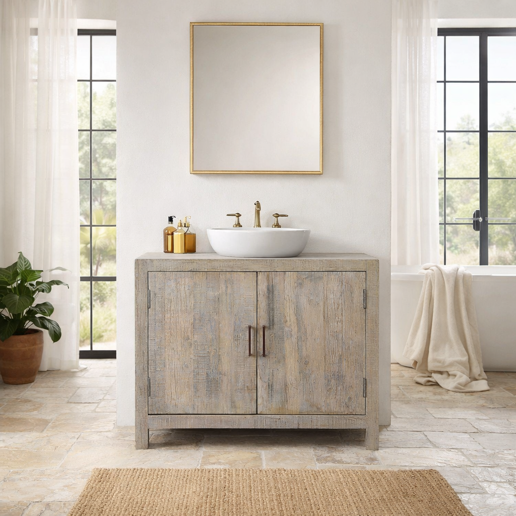 Lifestyle imagination of a reclaimed wood cabinet with two doors in rustic Ibiza style