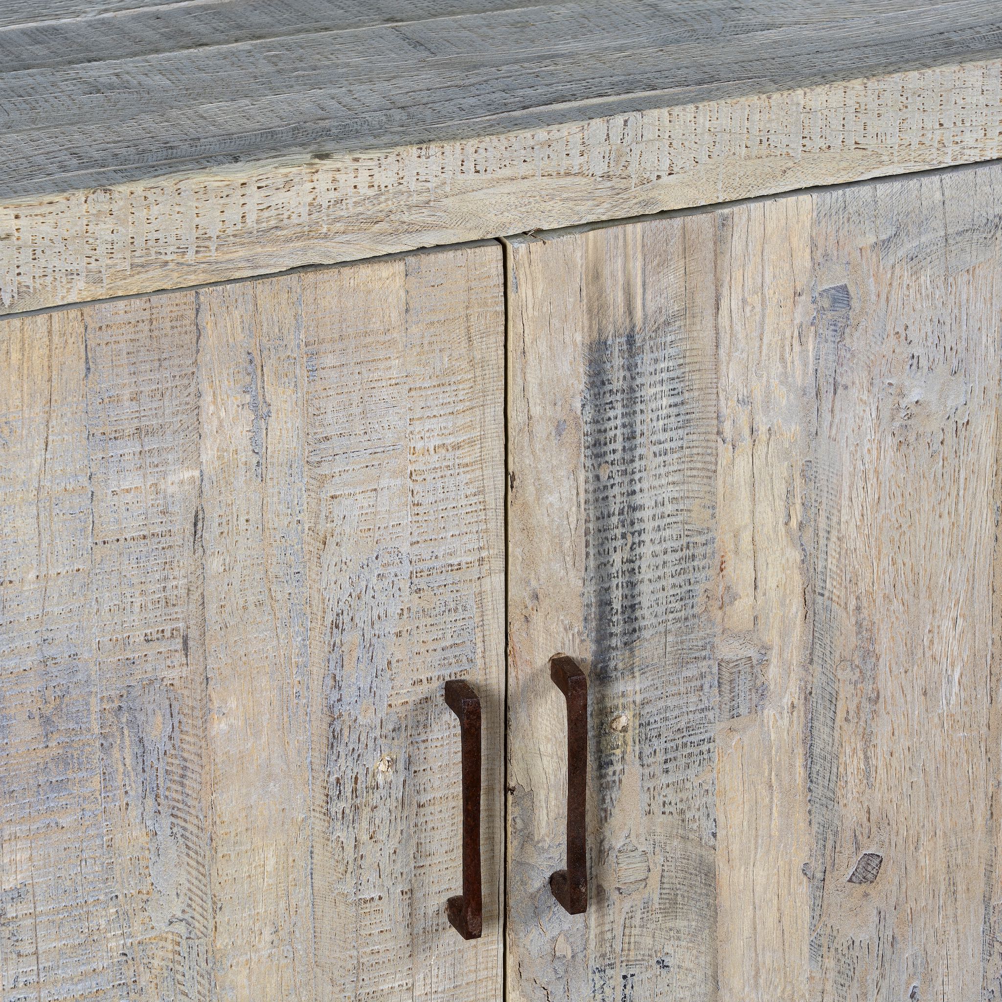 Close up image of a Ibiza style bathroom cupboard made of reclaimed wood with sandblasted finish and two doors, 100 × 50 × 80 cm.