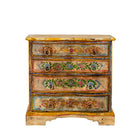 White background image of a hand-painted reclaimed wood chest of drawers with floral designs and distressed antique finish; perfect for bohemian interiors and vintage hand painted furniture lovers.