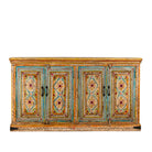 White background image of a of a hand painted wooden dresser with floral and geometric motifs, reclaimed wood living room furniture in vintage boho style, 170 × 45 × 95 cm.