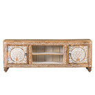 White background image of a whitewashed carved console table made of mango wood with floral motifs, four compartments; artisanal living room furniture, 180 × 40 × 65 cm.