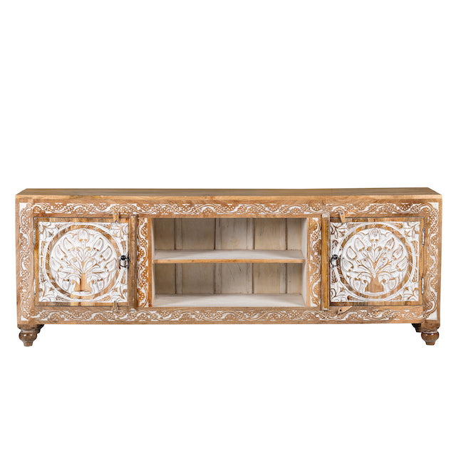 White background image of a whitewashed carved console table made of mango wood with floral motifs, four compartments; artisanal living room furniture, 180 × 40 × 65 cm.