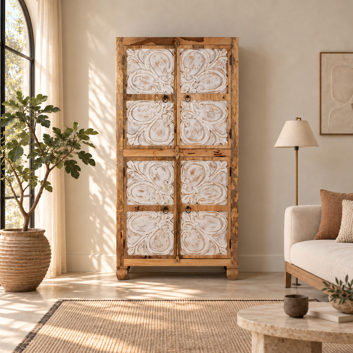 Lifestyle image of a of  a hand-carved mango wood wardrobe with floral motifs and whitewashed finish; wooden wardrobe ideal for bedroom furniture, 90 × 180 × 40 cm.
