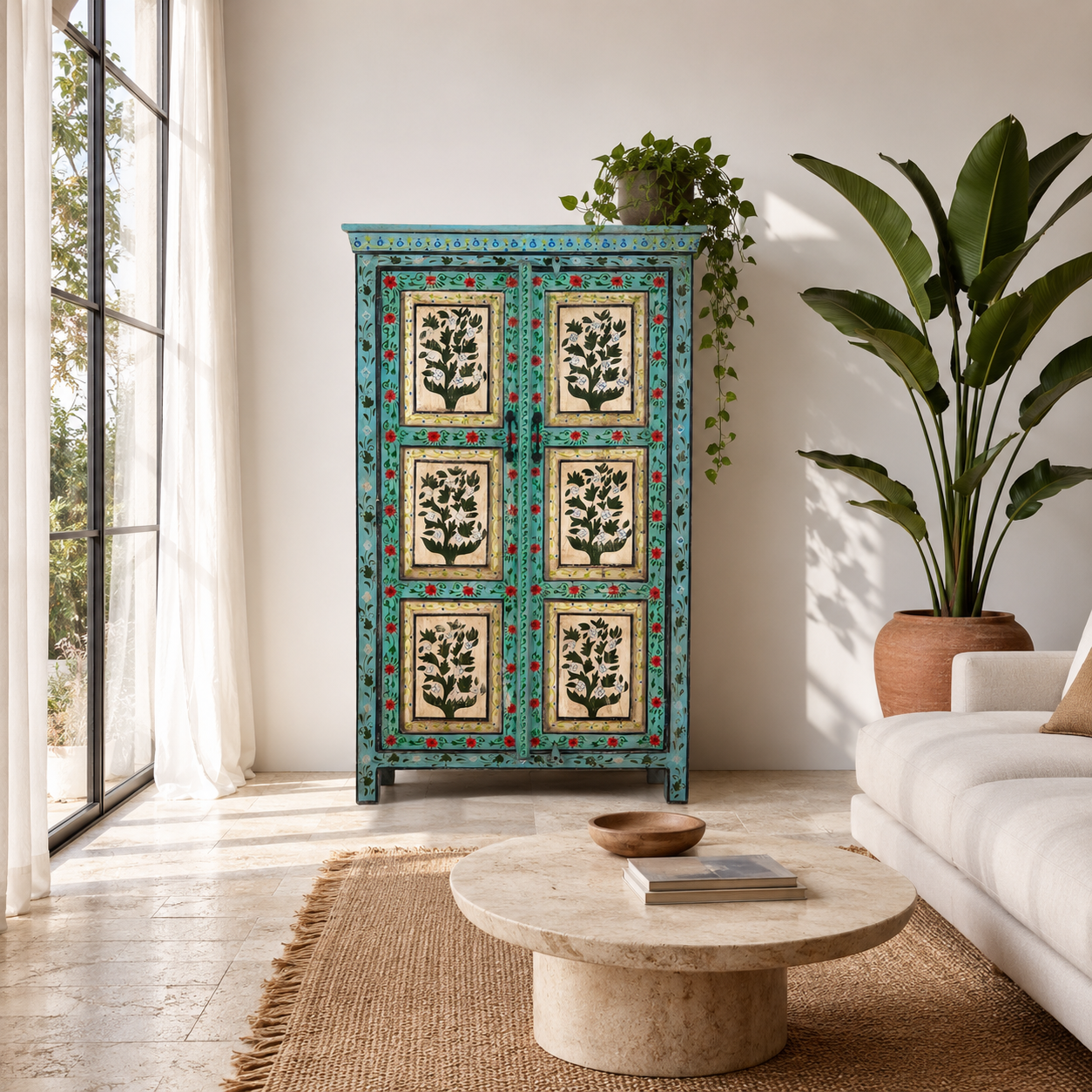 Lifestyle image of a Hand-painted reclaimed wood cabinet with floral motifs and green frame – Drisina by Om Home & Garden, a unique piece of sustainable furniture with bohemian flair.
