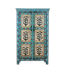 White background image of a Hand-painted reclaimed wood cabinet with floral motifs and green frame – Drisina by Om Home & Garden, a unique piece of sustainable furniture with bohemian flair.