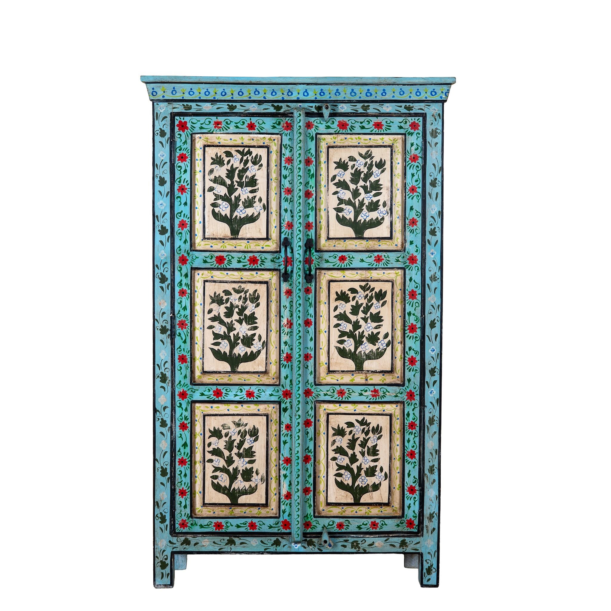 White background image of a Hand-painted reclaimed wood cabinet with floral motifs and green frame – Drisina by Om Home & Garden, a unique piece of sustainable furniture with bohemian flair.