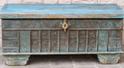 Close up image of a antique Indian chest coffee table in blue with brass fittings – iron fitted wooden chest made from solid teak, ideal for living rooms with storage space.