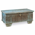 White background image of a antique Indian chest coffee table in blue with brass fittings – iron fitted wooden chest made from solid teak, ideal for living rooms with storage space.