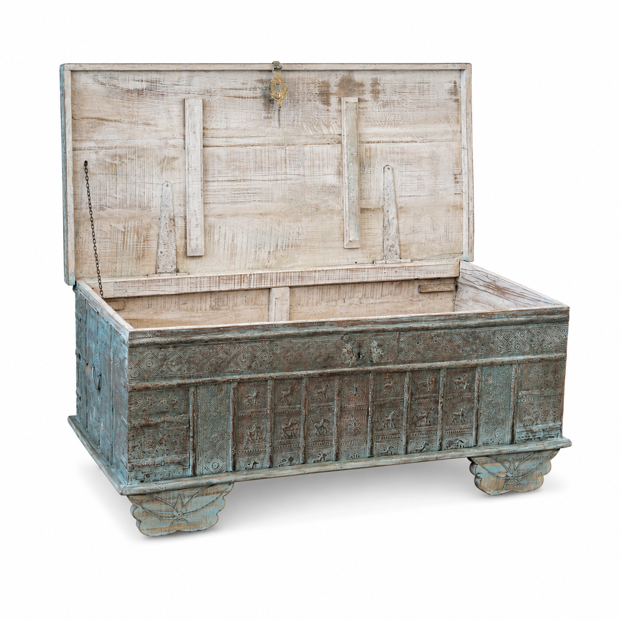 Side angle image with open lid of a antique Indian chest coffee table in blue with brass fittings – iron fitted wooden chest made from solid teak, ideal for living rooms with storage space.