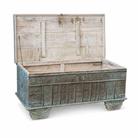 Side angle image with open lid of a antique Indian chest coffee table in blue with brass fittings – iron fitted wooden chest made from solid teak, ideal for living rooms with storage space.