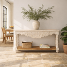 Lifestyle imagination of a whitewashed hand-carved mango wood console table with floral motifs; vintage-style slim console table for entryways or living spaces, 150 × 75 × 40 cm.