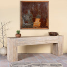 Side angle image of a minimalist reclaimed wood console in Ibiza style with light sun-washed finish, 250cm length.