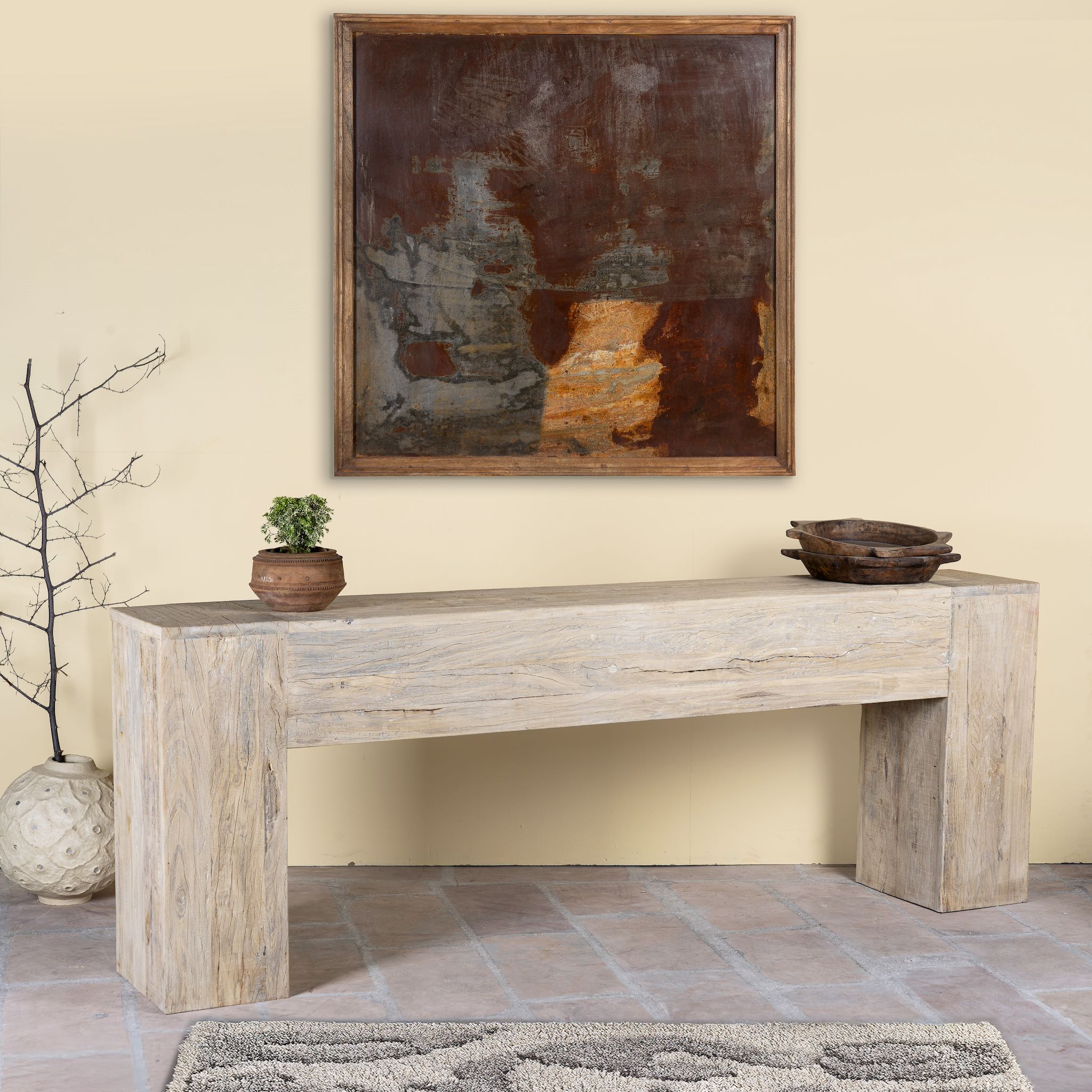 Side angle image of a minimalist reclaimed wood console in Ibiza style with light sun-washed finish, 250cm length.