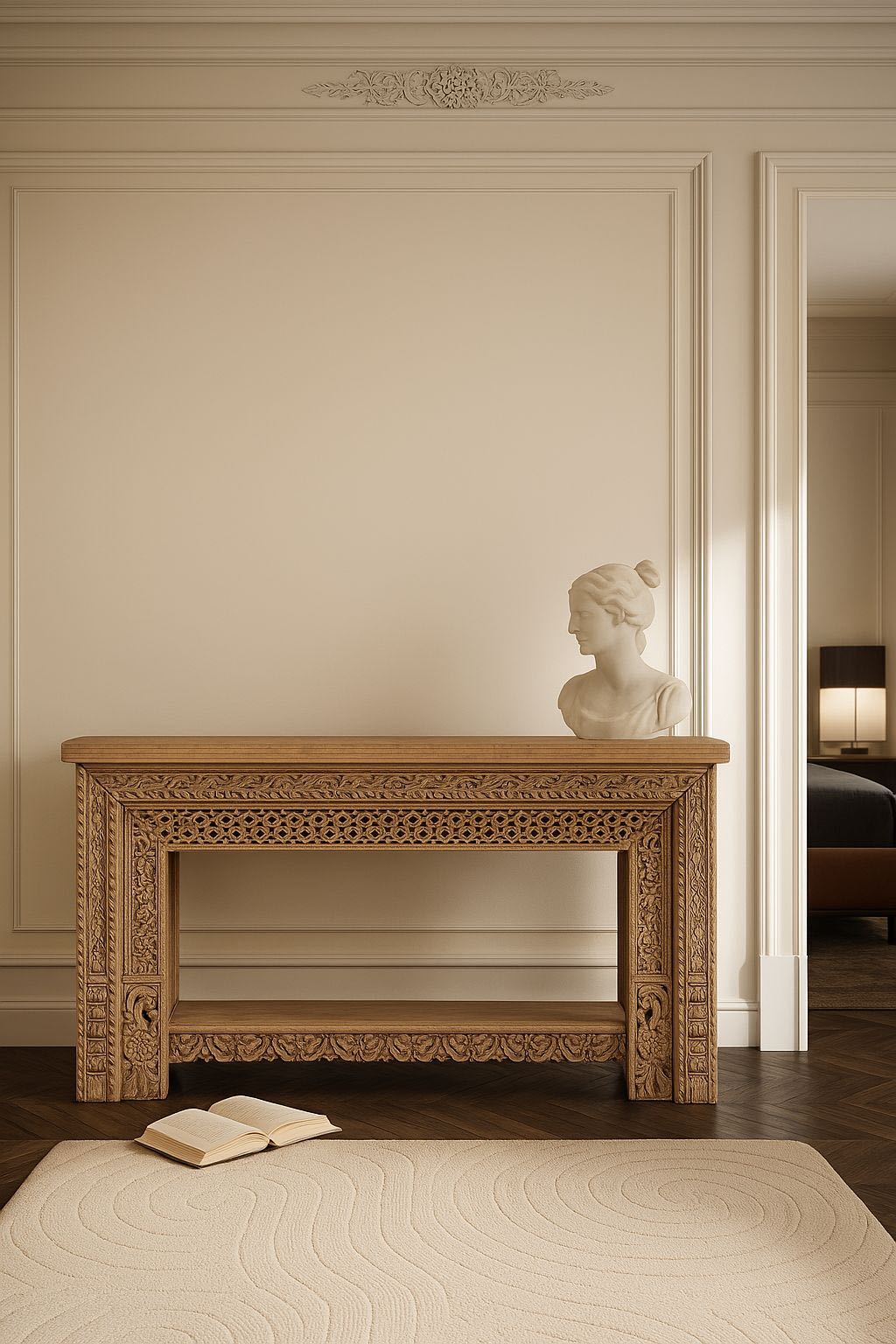 life style picture of a ornate console table crafted from reclaimed teak wood and refurbished architectural elements, featuring intricate hand-carved detailing with floral and geometric motifs, showcasing a vintage artisanal aesthetic.
