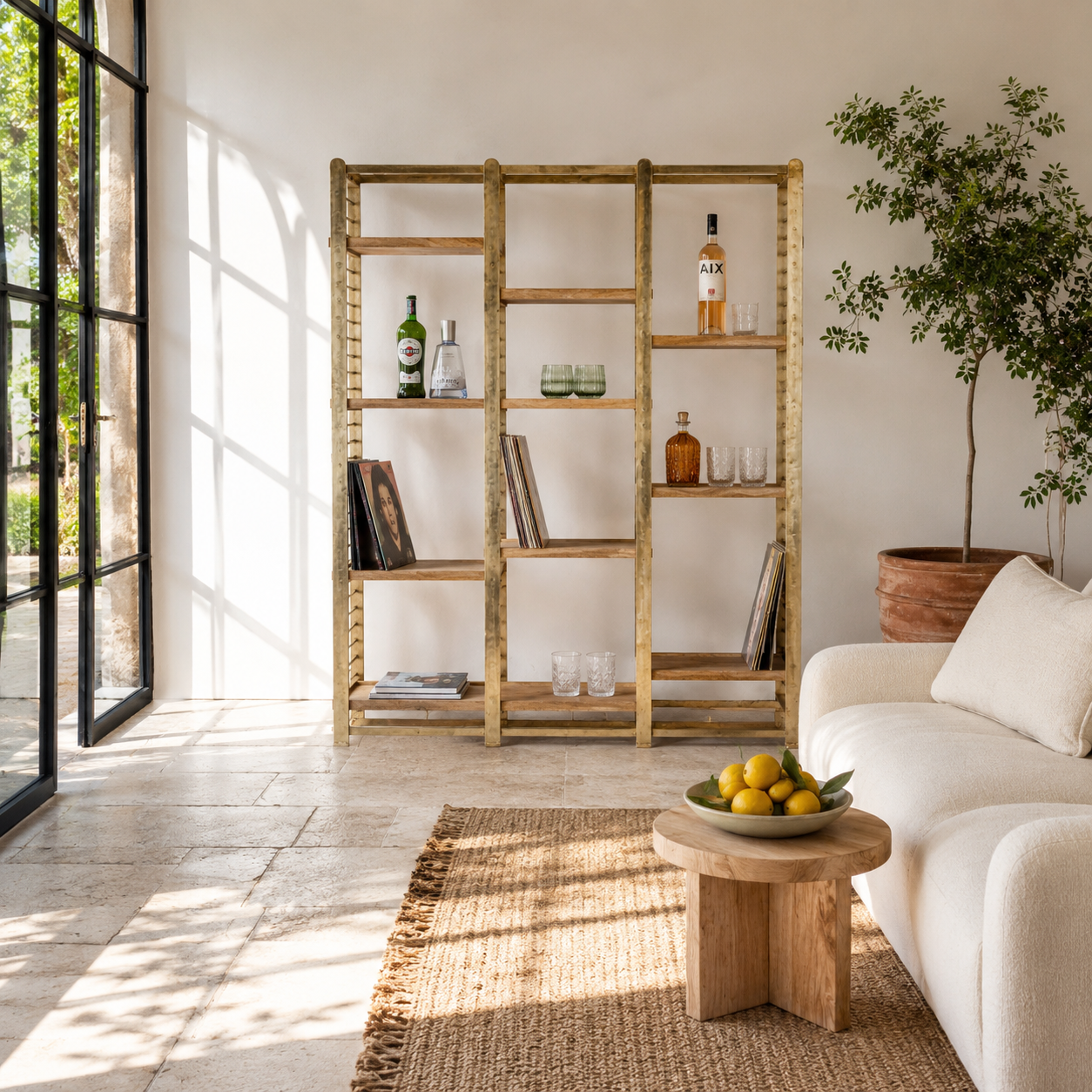 Lifestyle image of a modular brass-plated iron shelf with removable mango wood trays – minimalistic furniture and mango wood shelving for modern, practical interiors.