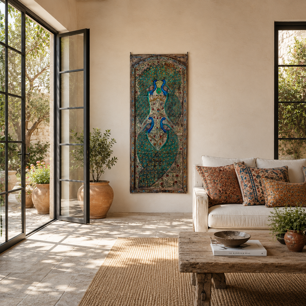 Lifestyle image of a Ehan reclaimed Indian teak door wall art hand painted with peacock and floral motifs 190cm