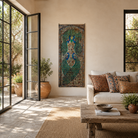Lifestyle image of a Ehan reclaimed Indian teak door wall art hand painted with peacock and floral motifs 190cm