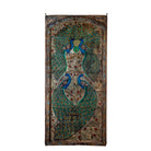 White background image of a Ehan reclaimed Indian teak door wall art hand painted with peacock and floral motifs 190cm