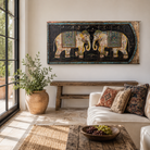 Lifestyle image of a Ehsaan hand painted reclaimed Indian teak door panel wall art with two elephant motifs 168cm