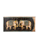 White background image of a Ehsaan hand painted reclaimed Indian teak door panel wall art with two elephant motifs 168cm