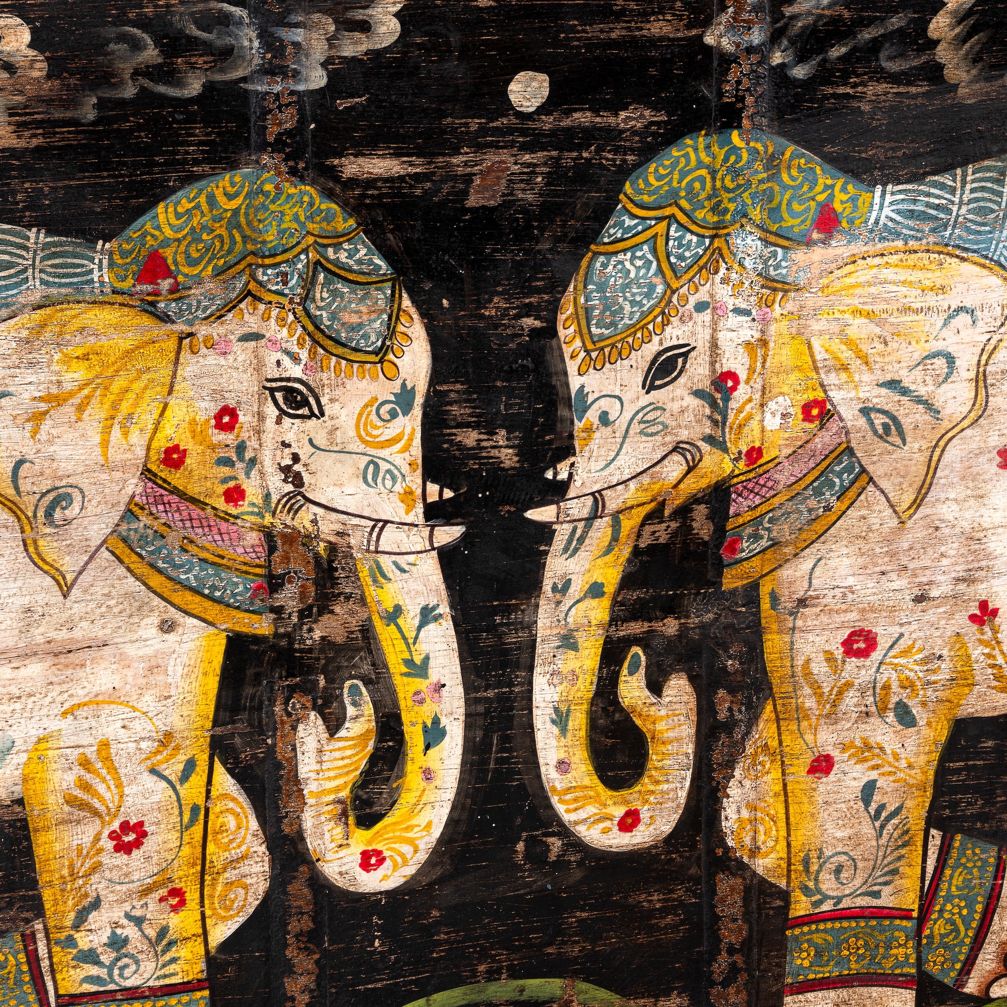 Ehsaan hand painted reclaimed Indian teak door panel wall art with two elephant motifs 168cm