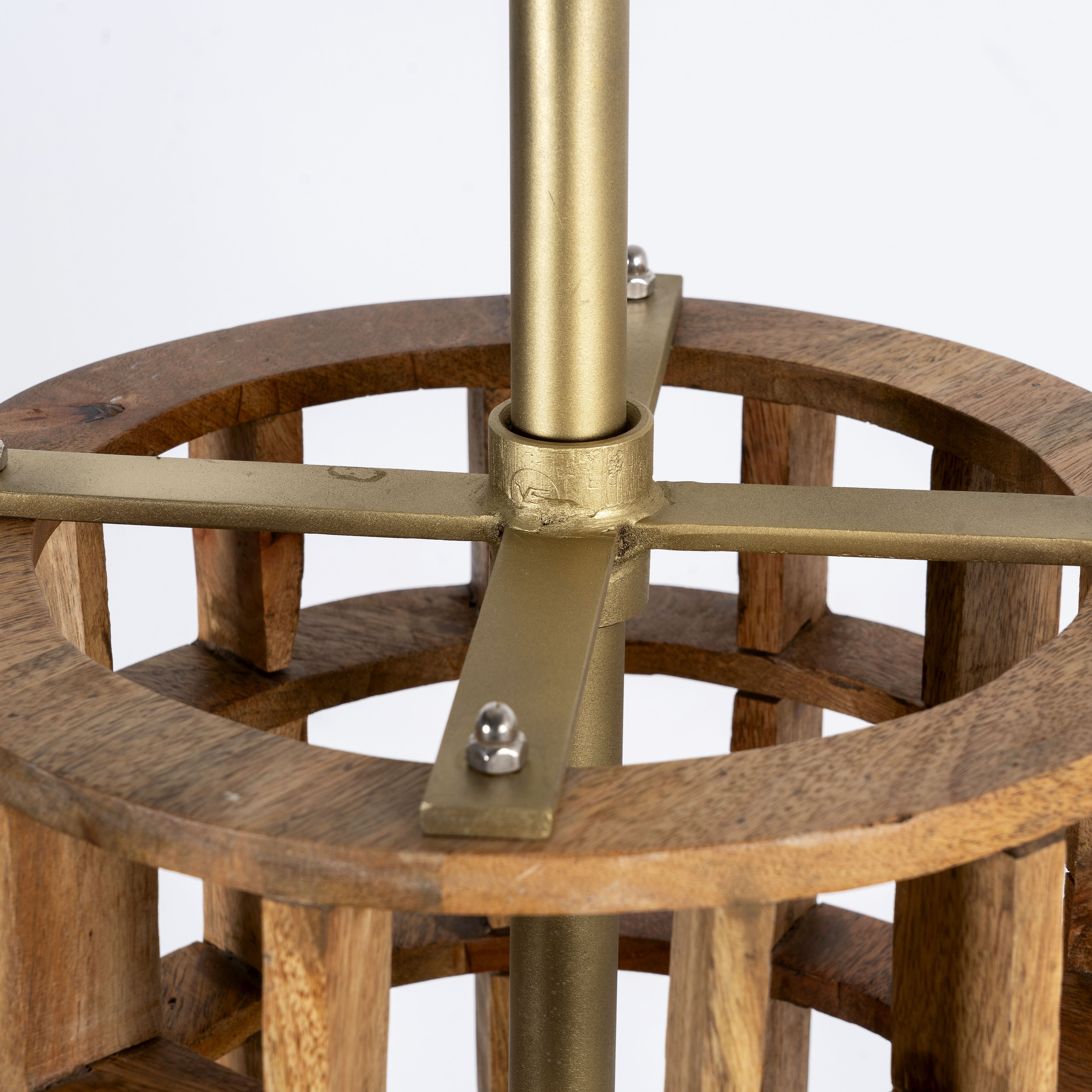 Close up image of a wooden vintage ceiling lamp made of natural mango wood with brass-clad edges and a grid design – elegant mango wood lighting for kitchens, dining rooms, or living spaces.