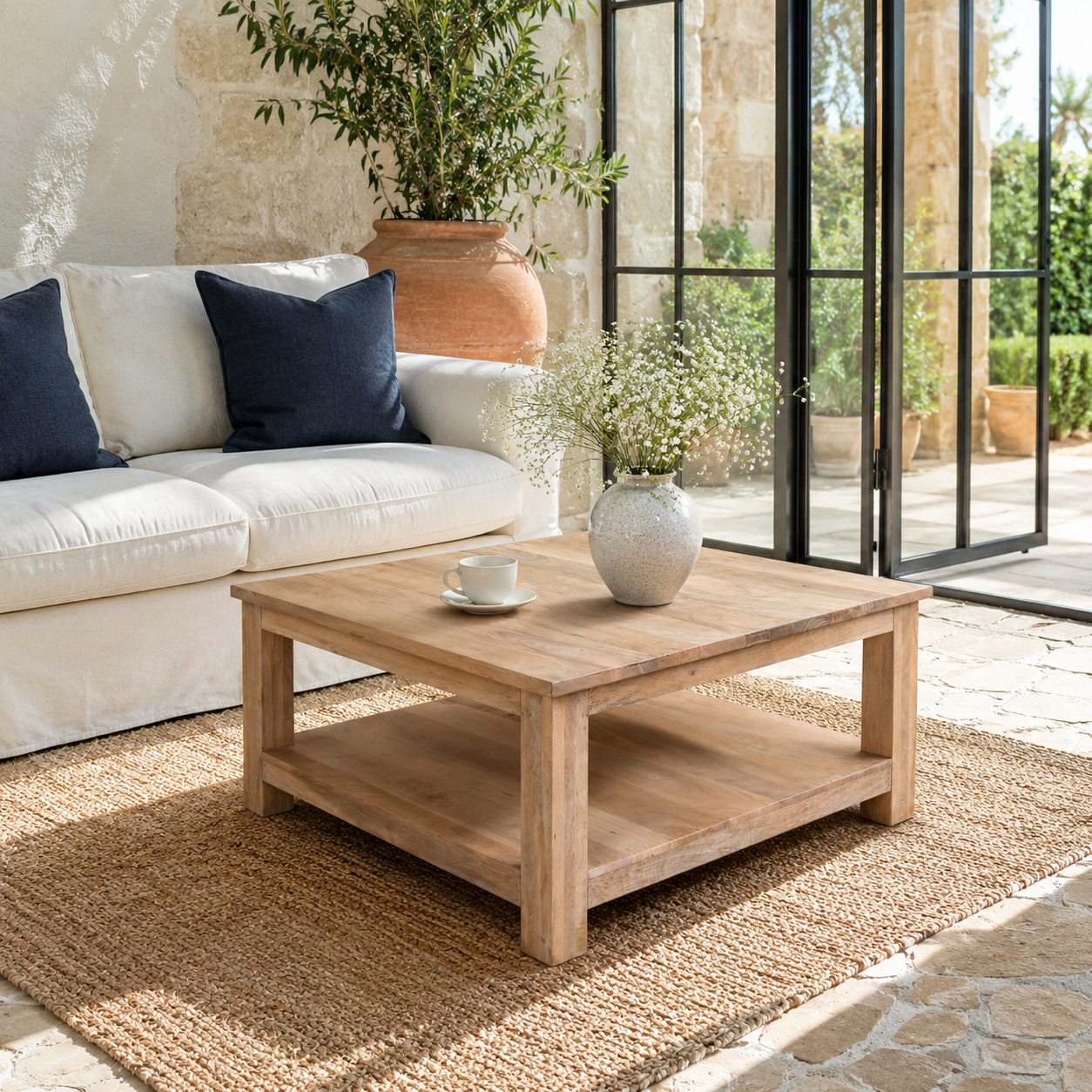 Lifestyle image of a Eklavya minimalist square mango wood coffee table with spacious lower shelf 100cm