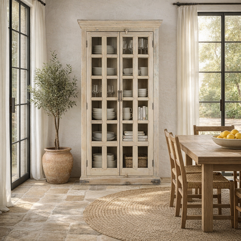 Lifestyle image of a reclaimed wood display cabinet Eknoor with glass-panelled doors and natural weathered finish. Sustainable living room furniture that can also function as a reclaimed wood wardrobe with spacious shelving.