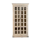 White background image of a reclaimed wood display cabinet Eknoor with glass-panelled doors and natural weathered finish. Sustainable living room furniture that can also function as a reclaimed wood wardrobe with spacious shelving.