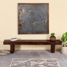 Rustic wood bench made of reclaimed wood, full block design, sustainable furniture for hallways, living rooms, or terraces, 200 × 30 × 40 cm.