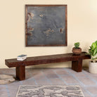 Side angle image of a rustic wood bench made of reclaimed wood, full block design, sustainable furniture for hallways, living rooms, or terraces, 200 × 30 × 40 cm.