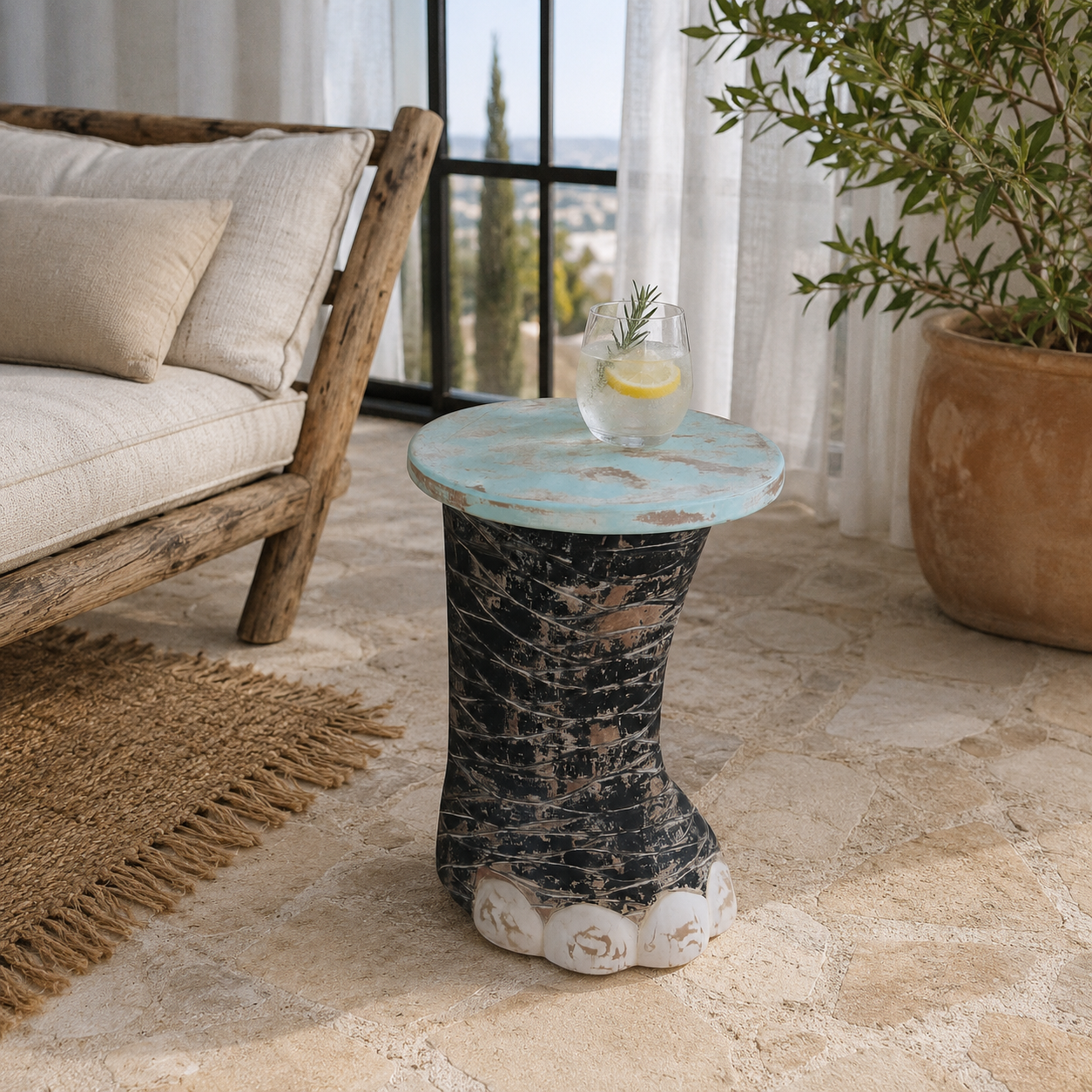 Lifestyle image of a Hand carved reclaimed wood elephant chair stool with sculptural elephant design 50cm
