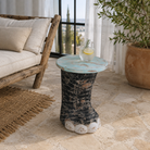 Lifestyle image of a Hand carved reclaimed wood elephant chair stool with sculptural elephant design 50cm