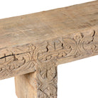 Close up image f a reclaimed teak wood bench with hand-carved details; rustic teak wood benches for dining, hallway, or bedroom use, 180 × 30 × 40 cm.