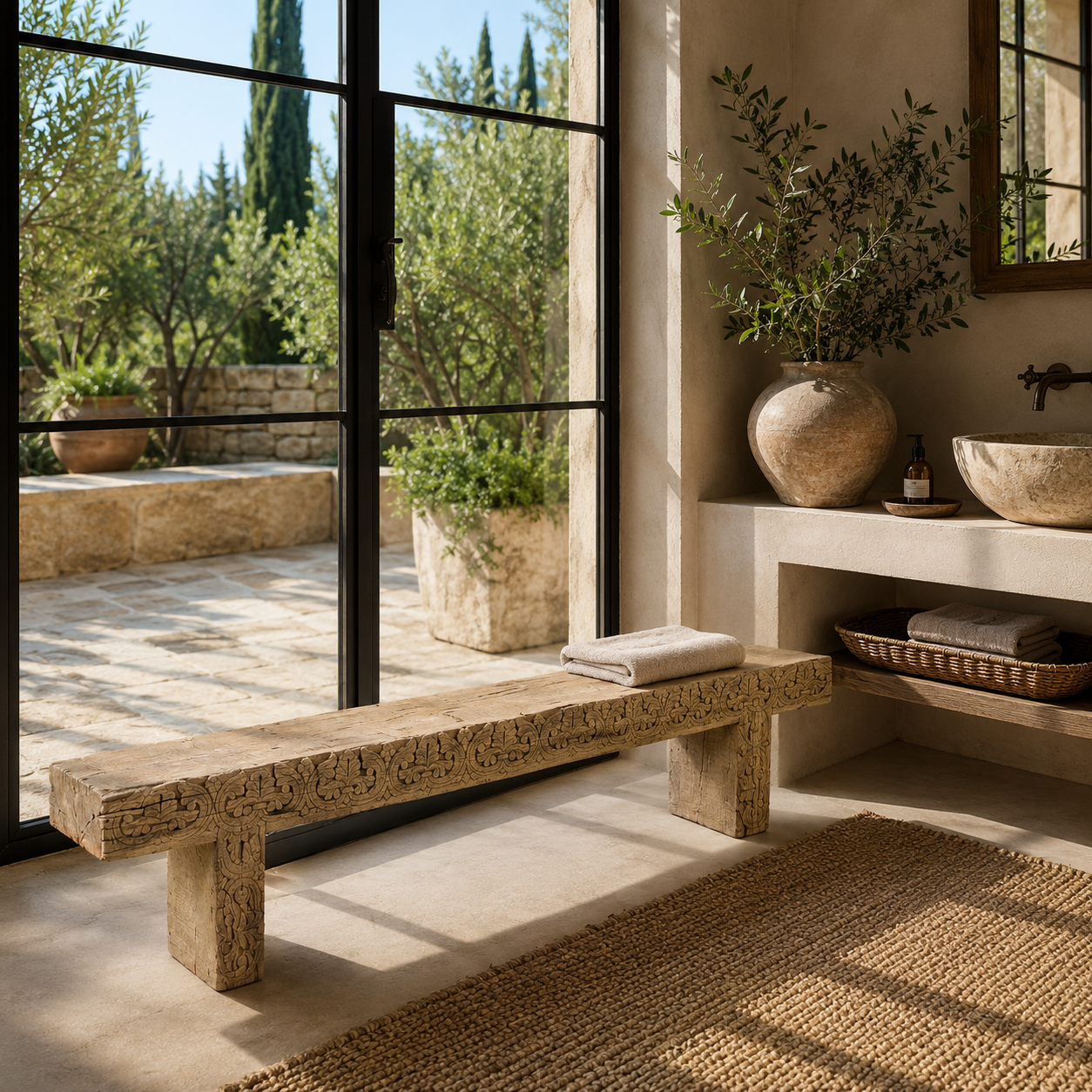 Eshita hand carved reclaimed teak wood bench with rustic natural finish, 180cm