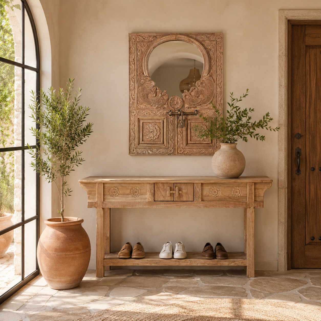 Lifestyle image of a hand carved teak wood mirror made from an antique Indian window frame with brass lock; unique wooden furniture, 60 × 70 cm.
