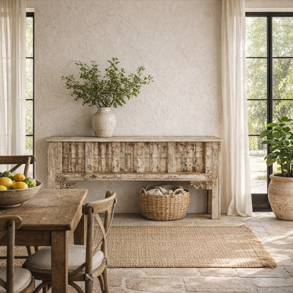 Lifestyle image of a vintage teak wood console table with folding front and rustic finish; handcrafted from reclaimed wood, 156 × 42 × 82 cm.