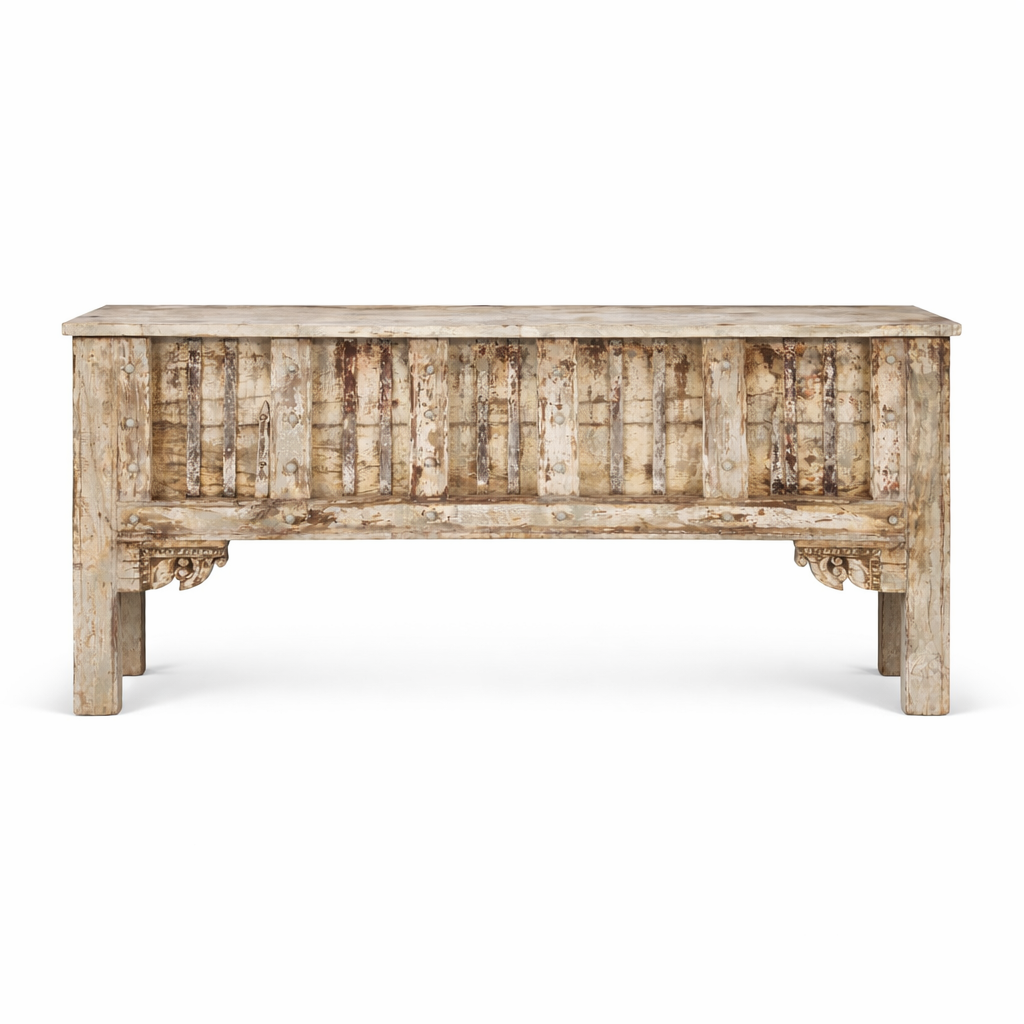 White background image of a vintage teak wood console table with folding front and rustic finish; handcrafted from reclaimed wood, 156 × 42 × 82 cm.