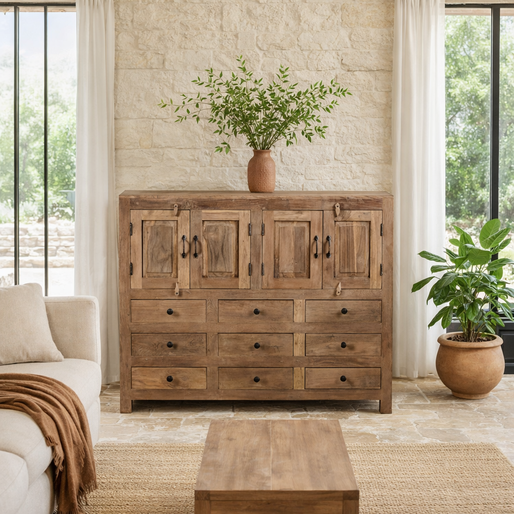 Lifestyle imagination of a sustainable furniture teak sideboard made from reclaimed old teak wood in Ibiza style, 120 × 40 × 100 cm.