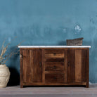 Wabi sabi furniture driftwood sideboard with white marble top, minimalist Japandi cabinet with drawers and sliding surface, 125 × 35 × 75 cm.