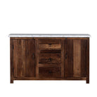 White background image of a wabi sabi furniture driftwood sideboard with white marble top, minimalist Japandi cabinet with drawers and sliding surface, 125 × 35 × 75 cm.